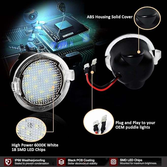 D-Lumina Side Mirror Puddle Lights Assembly Compatible with F150 Explorer Expedition Flex Edge Fusion Taurus, Under Mirror Puddle LED Lamp 6000K White 2-Pieces