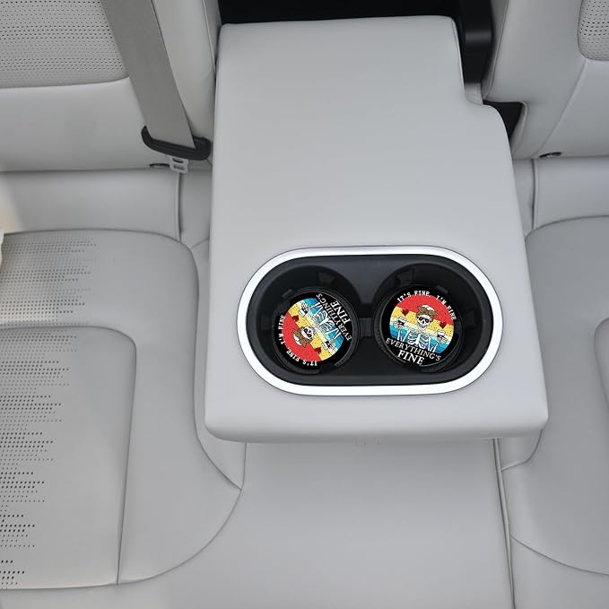 Funny Skull with Coffee Ceramic Cup Holders Car Coasters Set for Women/Men,2.56" 2 Pack for Absorbent Cup Car Holders, Coasters with A Finger Notch