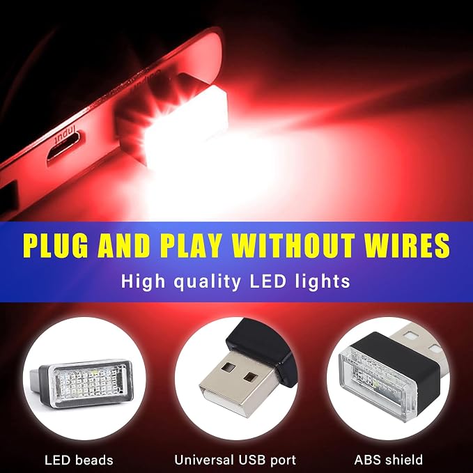 Augeny 4 PCS USB LED Car Interior Atmosphere Lamp, Plug-in USB Decor Night Light, Portable Auto Ambient Lighting Kit, Universal Vehicle Interior Accessories for Most Cars (Red & Blue)