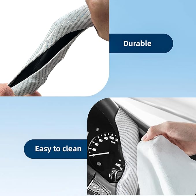 Carbon Fiber Steering Wheel Cover 2PCS Segmented Clip-on Protector (White) | Universal Fit, Anti-Slip Lining, Sporty Style, Car Interior Accessory for Men and Women