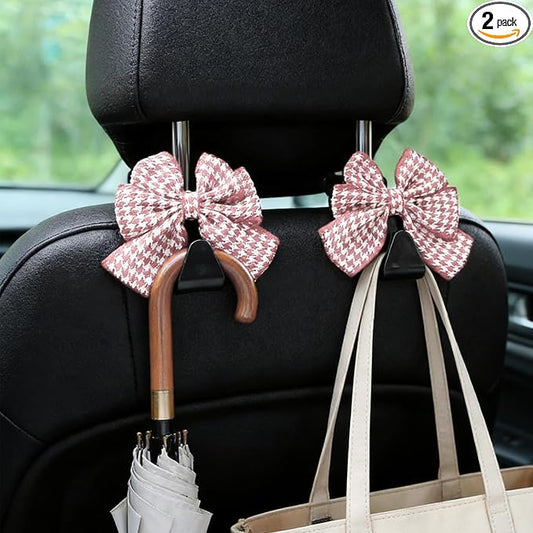 2PCS Car Seat Headrest Hooks, Car Purse Hook, Cute Bow Knot Vehicle Seatback Hanging Storage Organizer, Auto Seatback Decor Organizer Hanger for SUV Truck (Houndstooth/Pink)