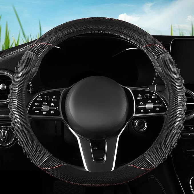 5D Honeycomb Black Car Steering Wheel Cover,14.5-15 Inch Universal Carbon Fibre Leather Covers Breathable Anti-Slip Odorless Steering Wheels Accessories for Men Women