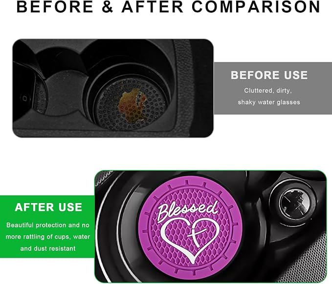 2 PCS Car Cup Holder Coaster, 2.76 Inch Soft PVC Non-Slip Blessed Cross and Heart Christian Car Cup Coasters, Auto Interior Shockproof Insert Drink Mat for Most Vehicles (Purple)