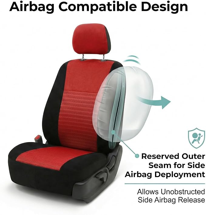 FH Group Universal Car Seat Covers Front Set for SUV Truck Sedan Vans | 3D Textured Breathable Fabric Seat Cover Set Protector with Airbag Compatible Interior Upgrade - Red