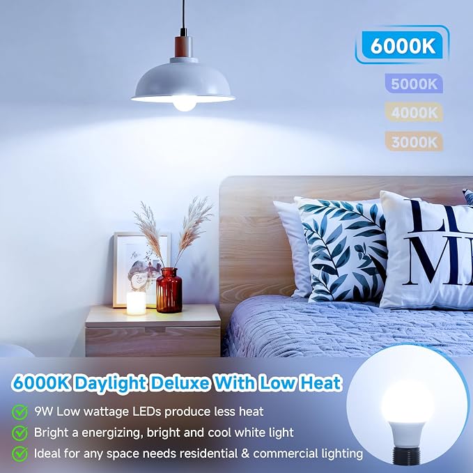 Maylaywood A19 LED Light Bulbs, 60 Watt Equivalent, 6000K Cool White, 850LM, Non-Dimmable, E26 Base, 9W Bright White LED Bulbs, 4-Pack