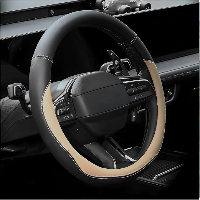 Leather Steering Wheel Cover, Anti-Slip Full Surround Car Wheel Protector with Comfortable Grip, Universal Elastic Decorative Cover Fit for 14 1/2-15 Inch Steering Wheels (Beige)