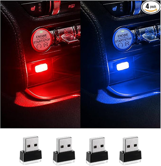 Augeny 4 PCS USB LED Car Interior Atmosphere Lamp, Plug-in USB Decor Night Light, Portable Auto Ambient Lighting Kit, Universal Vehicle Interior Accessories for Most Cars (Red & Blue)