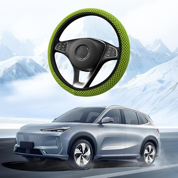 Car Elastic Stretch Steering Wheel Cover, 14.5-15" Breathable Ice Silk Anti-Slip Vehicle Steering Wheel Protector, Comfy Auto Interior Protection Accessories, Universal Fit (Grass Green)