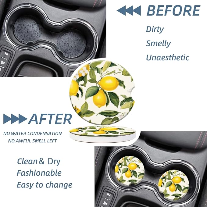 Cup Holder for Car,Lemons and White Flowers Ceramic Coasters Non-Slip Cup Holder Insert with Fingertip Grip, Auto Interior Accessories for Women & Men,Pack of 2, 2.56In