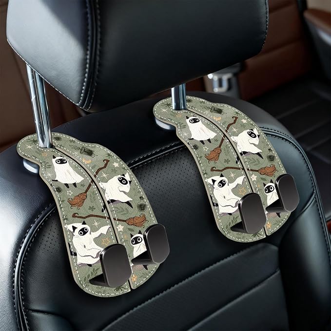 Blusabaca 2PCS Car Hooks for Purses Bags, Halloween Spooky Cute Cat Witch Magic Seat Back Storage Headrest Holder Hanger PU Leather Double Metal Backseat Organizer, Women Car Accessories Organization