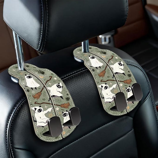 Blusabaca 2PCS Car Hooks for Purses Bags, Halloween Spooky Cute Cat Witch Magic Seat Back Storage Headrest Holder Hanger PU Leather Double Metal Backseat Organizer, Women Car Accessories Organization
