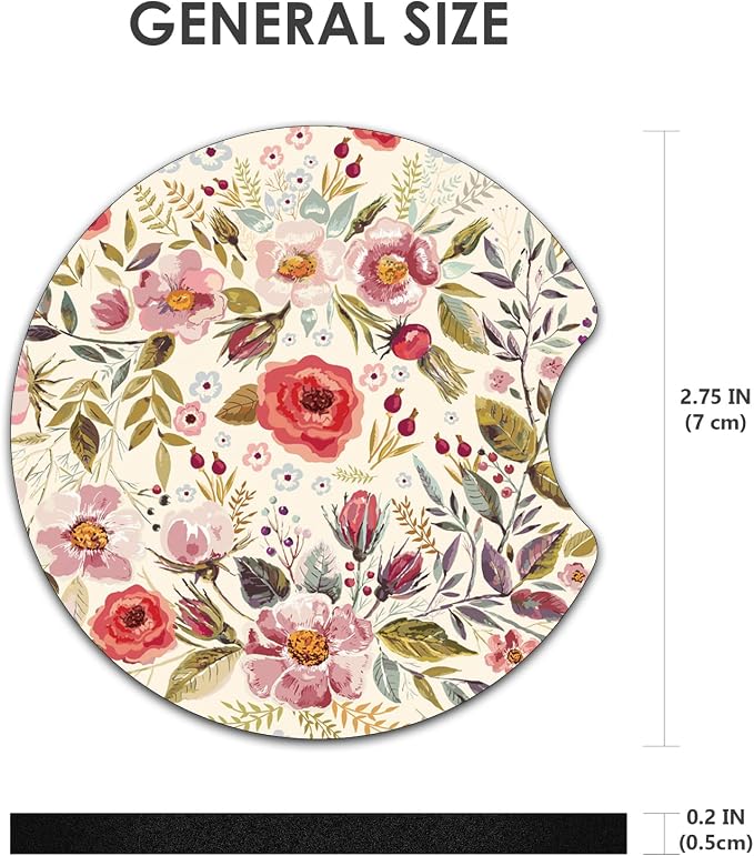 2 Pack Car Coasters，2.75-inch Neoprene Non-Slip Cup Holder Coasters for Car，Cute Car Interior Accessories for Men and Women，Retro Flower
