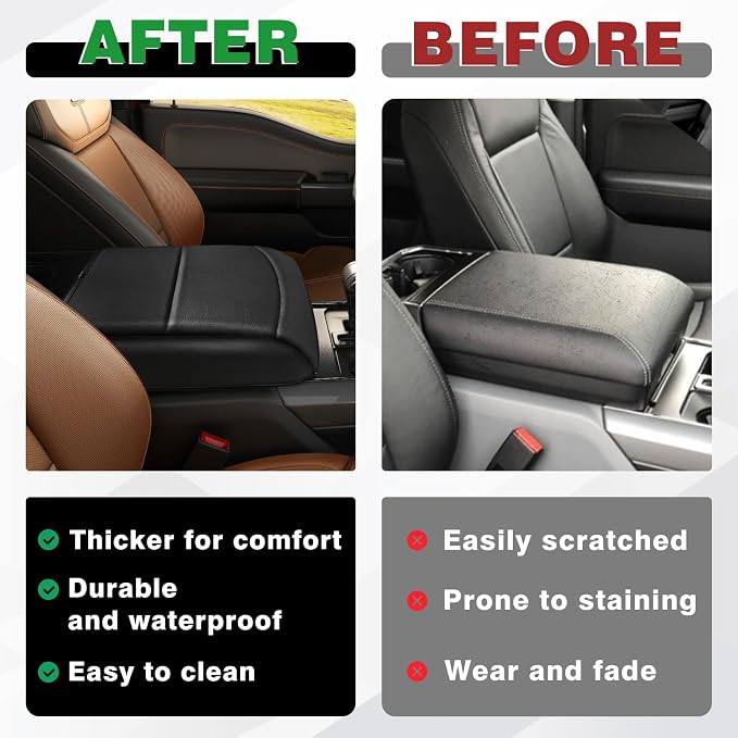 Muslogy Center Console Armrest Cover Fit for Ford F150 2021-2025 2026 Accessories, Comfort Armrest Pad Console Lid Cushion Vegan Leather 1-Inch Extra Thick(Bucket Seat ONLY)