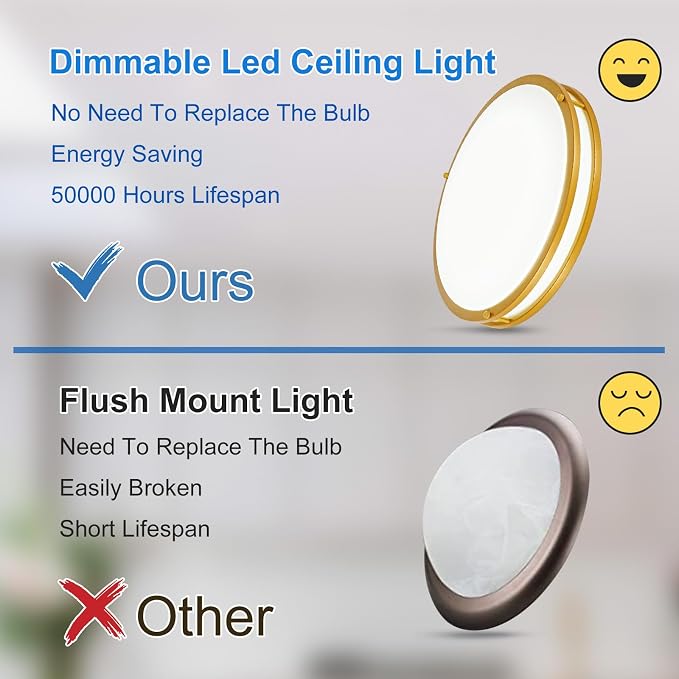DLLT Flush Mount LED Ceiling Light: 16 Inch 5CCT (3000K-6000K) & Dimmable Ceiling Light Fixtures for Bedroom Hallway - 36W Modern Gold Super Bright Kitchen Lighting Fixtures Ceiling