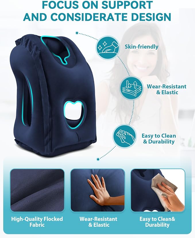Inflatable Travel Pillow, Airplane Neck Pillow Comfortably Supports Head and Chin for Airplanes, Trains, Cars and Office Napping with 3D Eye Mask, Earplugs and Portable Drawstring Bag (Blue)