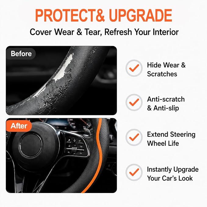 Car Steering Wheel Cover Full Surround - Soft Breathable Anti-Slip Heavyweight Safety Cover, Thick Cushioned Sports Style Universal Fit for Auto Truck SUV (Black/Orange)