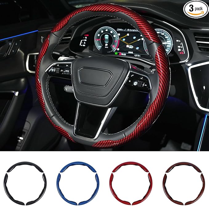 Hiseanllo Carbon Fiber Steering Wheel Cover 3PCS Set – Anti-Slip, Scratch-Resistant, Universal Fit for 14–16 Inch Wheels – Interior Car Accessories for Cars, SUVs, Trucks (Red)