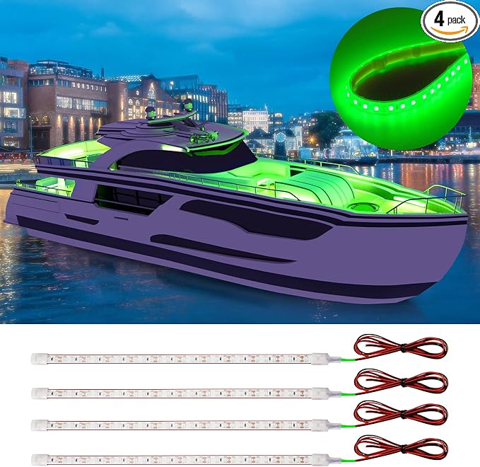 DUOFU365 Boat Led Strip Light,12V Waterproof Marine Boat Interior Courtesy Deck Navigation Lights Cuttable for Car Motorcycle RV Truck Trailer Kayak Home with Strong Nano Tape Green,12inch (Pack of 4)