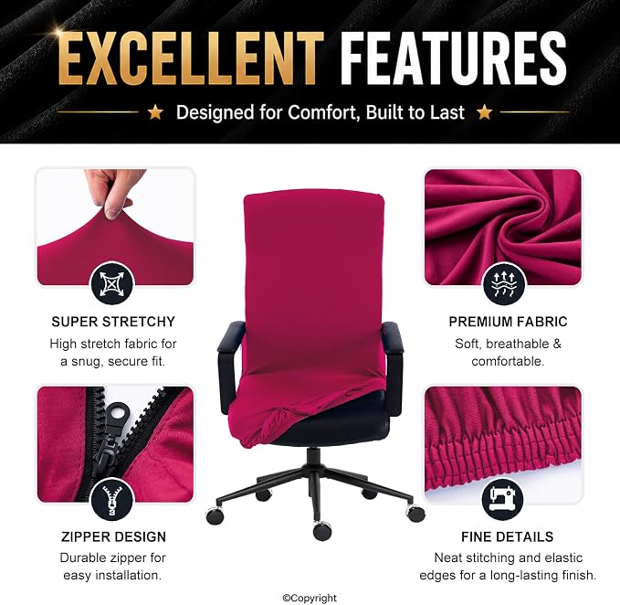 Stretch Computer Office Chair Cover with Durable Zipper - Universal Washable Removable Spandex Rotating Boss Chair Slipcovers - Anti-dust Soft Desk Chair Seat Protector for Dogs, Cats, Pets - Hot Pink