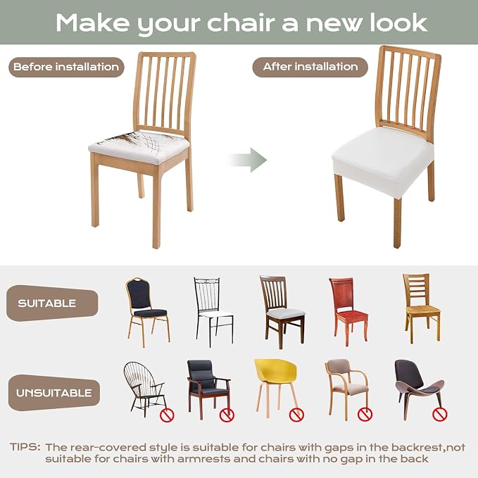 NILUOH Waterproof Seat Covers for Dining Room Chairs Set of 6, Pu Leather Chair Seat Slipcovers Dining Chair Cover Removable Washable Chair Protctor Cover, Rear Covers (PU-White)