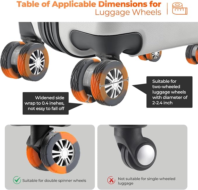8Pcs Upgrade Luggage Wheel Covers,Travel Accessories (Gunmetal Grey/Orange) | Wear-resistant & anti-noise silicone covers. Fits 2-2.4" wheels. Protects suitcase wheels. Travel essential for suitcases