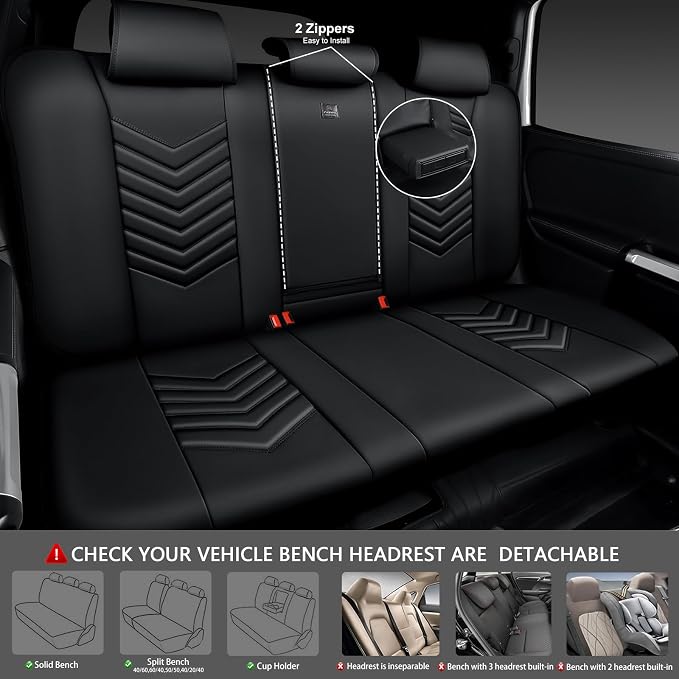 CAR PASS 3D Foam Luxury Leather Back Bench Leather Seat Covers,Waterpoof Faux Leather Rear Seat Cover Universal Fit for Cars Sedans SUVs Vans Trucks 95% Automotive Backseat, (Rear,Black)