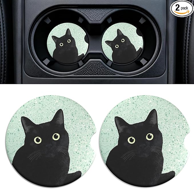 Car Cup Holder Ceramic Coasters 2 Pack, 2.56 in Anti Slip Absorbent Coaster with Cork Base and Finger Notch, Funny Cute Car Accessories Interior for Women, Terrazzo Black Cat