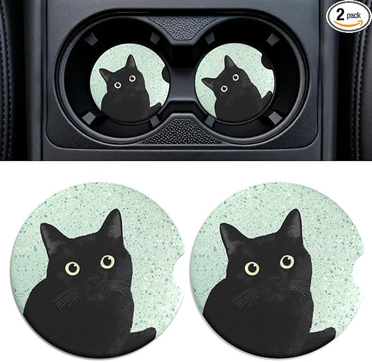 Car Cup Holder Ceramic Coasters 2 Pack, 2.56 in Anti Slip Absorbent Coaster with Cork Base and Finger Notch, Funny Cute Car Accessories Interior for Women, Terrazzo Black Cat