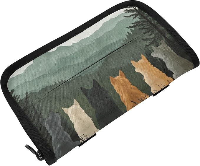 Car Visor Tissue Holder Mask Holder for Car, Car Tissue Box Sun Visor Napkin Holder Car Visor Accessories Adjustable Straps Reusable Durable Easy to Install Cute Wolves Back and Green Mountai