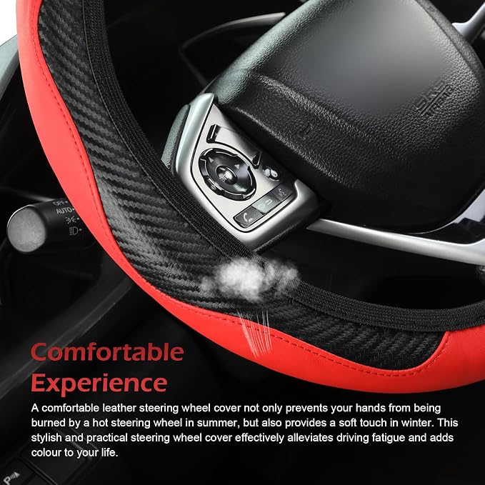 Car Steering Wheel Cover,15 Inch Carbon Fiber Leather Elastic Steering Wheel Protector, Anti-Slip Soft Breathable Driving Wheels Covers, Universal Auto Interior Accessories for Vehicle (Red)