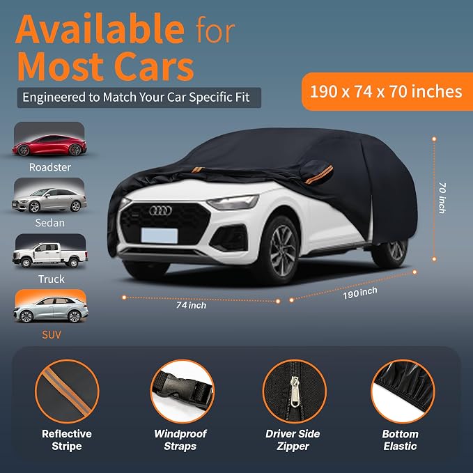SUV Cover Outdoor Car Covers(Length up to 193 inch) Universal Fit for Honda CR-V,Toyota RAV4,Tesla Model Y,Audi Q5,Hyundai Tucson,VW Tiguan,Benz GLC,BMW X3,X4,X5 etc,Size S2(See Size Chart)