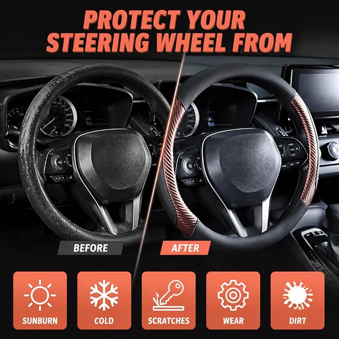 Brown Steering Wheel Cover - Carbon Fiber Texture and Premium Perforated Leather Sport Wrap with Odorless Rubber Non-Slip Inner, Universal Fit for Cars Trucks SUVS - 15 Inch (Brown)
