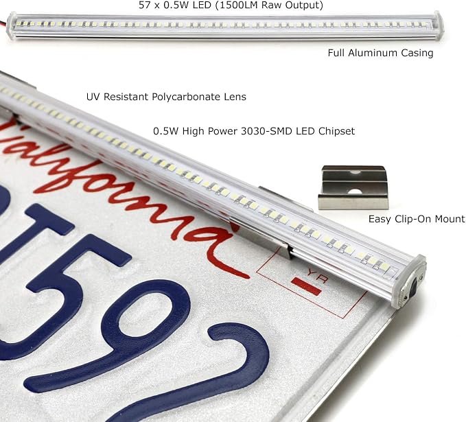 iJDMTOY 57-SMD Super Bright 12-Inch Full Size LED License Plate Frame Mount Backup Reverse/Driving Light Bar Kit Compatible with Car Truck SUV RV, Universal Fit, Xenon White 6000K