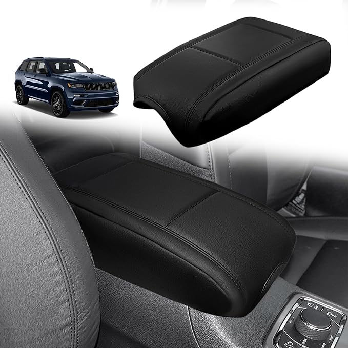 Muslogy Center Console Armrest Cover Fit for Jeep Grand Cherokee 2011-2021 & Dodge Durango 2011+ Accessories, Comfort Armrest Pad Console Lid Cushion Vegan Leather Regular Thick