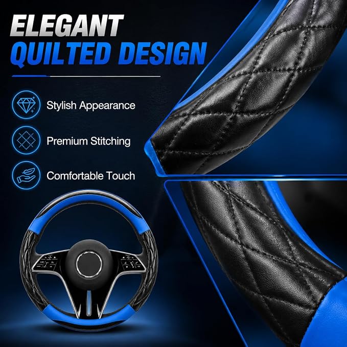 Couslcd 14.5-15 Inch Leather Steering Wheel Cover with Soft Padded Lining, Anti-Slip Comfort Grip, Universal Steering Wheel Protector for Most Cars, SUVs, Trucks (Blue)