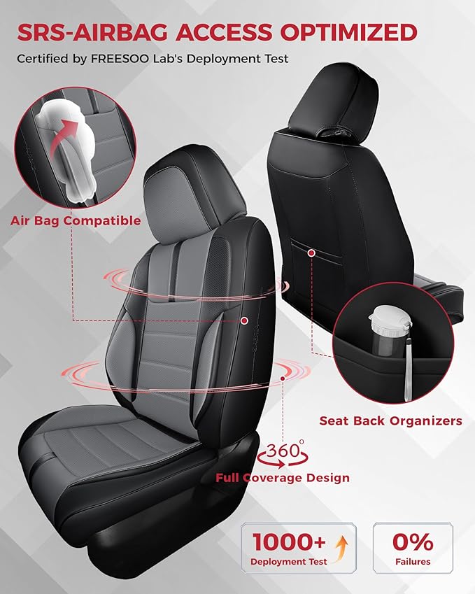 FREESOO Universal Front Seat Covers, Waterproof Faux Leather Automotive Seat Covers with Carbon Fiber Texture Seat Belt Pads, Anti-Slip Airbag Compatible Car Seat Protectors for Cars SUVs Trucks