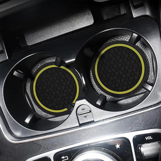 Mandark 2PCS Car Cup Holder Coasters, 2.75 Inch Non-Slip Insert Water Bottle Holder Pads, Dustproof Automotive Interior Accessories Mat, Universal for Vehicles, Trucks, RVs and More(Black/Yellow)