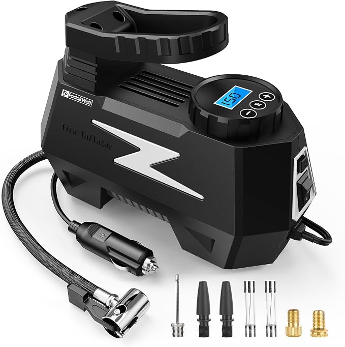 FADAKWALT Tire Inflator Portable Air Compressor, 12V DC Car Air Pump with Auto Shutoff, 150 PSI Digital Gauge, LED Light, Metal Valve Connector, Accessories for Cars, Large, Sliver