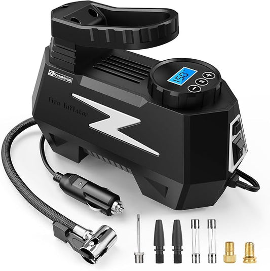 FADAKWALT Tire Inflator Portable Air Compressor, 12V DC Car Air Pump with Auto Shutoff, 150 PSI Digital Gauge, LED Light, Metal Valve Connector, Accessories for Cars, Large, Sliver