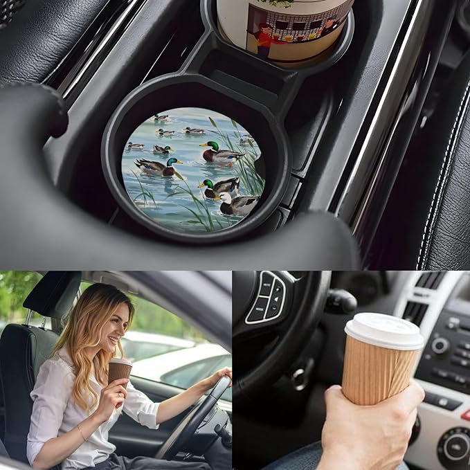 Ceramic Car Cup Coasters 2PCS - Retro Duck | with Cork Back & Finger Slot, Anti-Slip Shock Absorbing, Universal Car Interior Accessories for Men Women