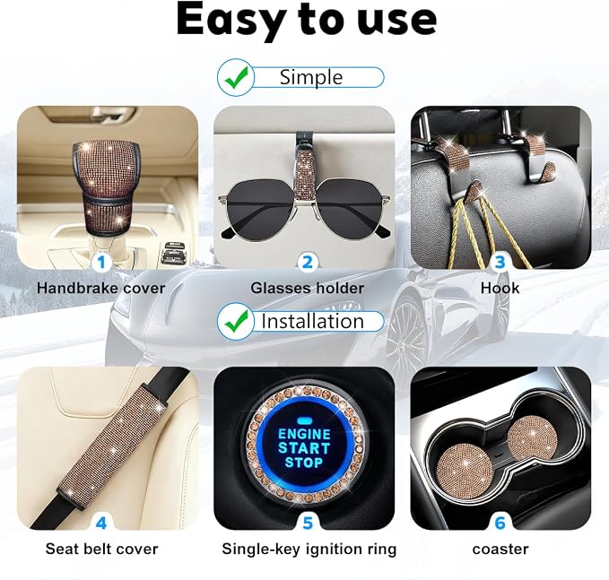 8PCS Bling Car Accessories Set, Sparkly Rhinestone Vehicle Steering Wheel Seat Belt Gear Shift Start Stop Button Cover, Diamond Auto Cup Holder Coaster Decoration, Universal Fit (Champagne)