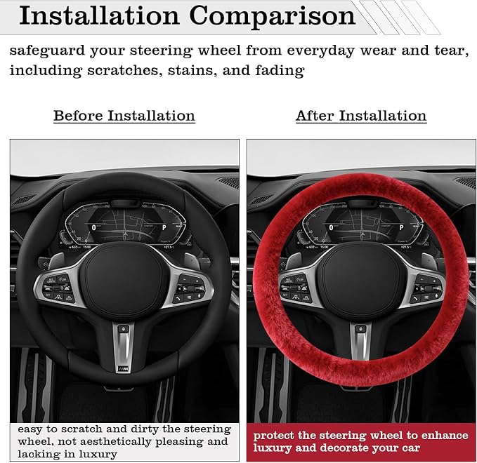 Furry Warm Steering Wheel Cover, Universal 14.5-15 Inch Winter Plush Warm Steering Wheel Cover, Soft Fluffy, Anti-Slip Design, Soft Texture (Red)