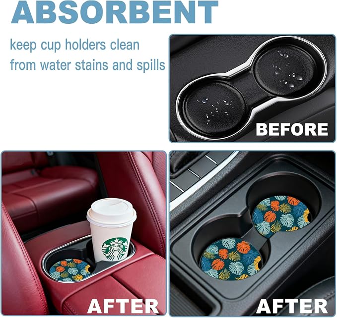 Car Cup Holder Coaster Set of 2, 2.56 in Ceramic Coasters, Scratch-Resistant Cork Backing, Finger Groove Design for Easy Placement, Cute Car Accessories Interior for Women (Blue Maple Leaf)