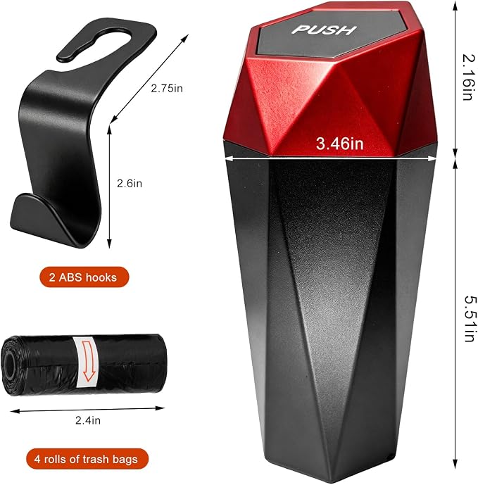 Car Trash Can with Lid, Waterproof Diamond Design Auto Cup Holder Trash Bin, Leakproof Mini Garbage Organizer for Vehicle Home Office Kitchen Bedroom, Car Accessories (Red)