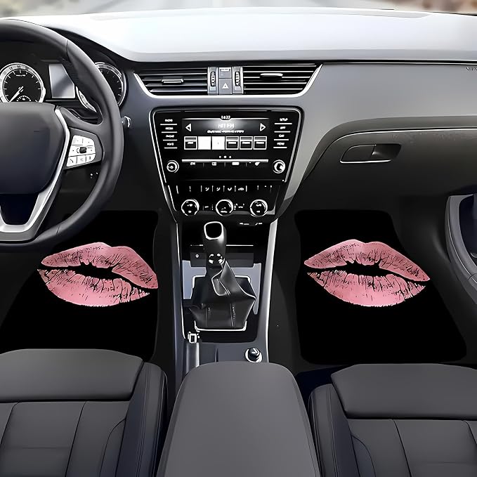 Universal Fit Car Floor Mats Set of 4Pcs, All-Weather Front Rear Car Carpet Mats, Pink Lip Print Non-Slip Car Floor Mat Car Accessories for Automotive Trucks SUV Sedans Vans