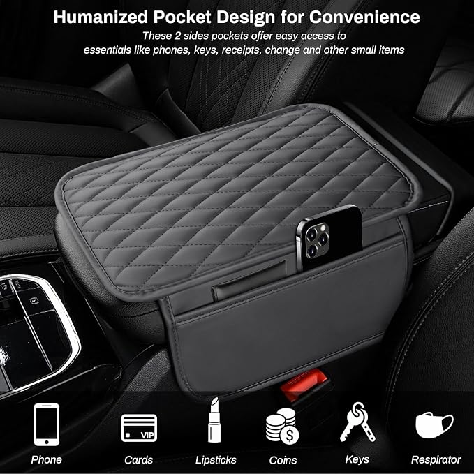 Ouzorp Car Center Console Cover Upgraded Microfiber Leather Car Arm Rest Cover with 2 Storage Bags Universal Armrest Cover for Car Storage Box Car Interior Accessories Protector for Most Vehicle-Gray