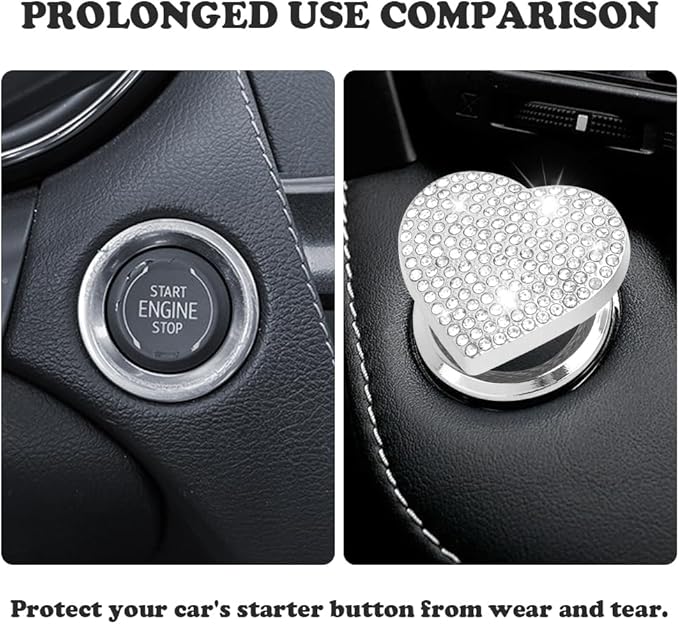 Bling Push Start Button Cover with Rhinestone,Heart Push to Start Button Cover for Car Decor,Diamond Engine Start Buttons Cover Car Accessories Interior for Women & Girl (White)