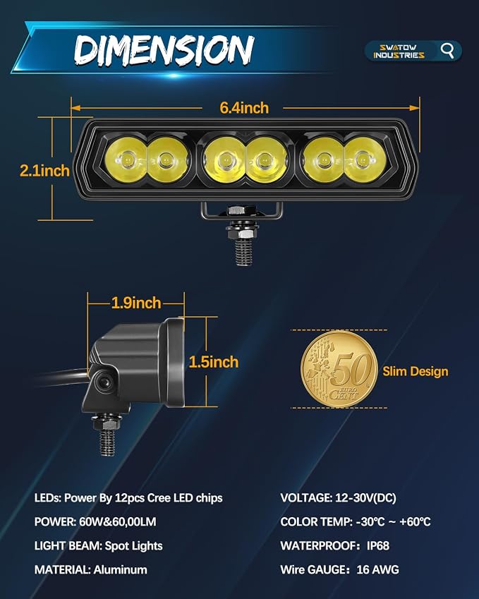 6 Inch CREE LED Light Bar, SWATOW INDUSTRIES 6" Spot Pod Lights Offroad Auxiliary Work Lights Ditch LED Pods Waterproof Fog Light for Truck F150 Wrangler Ram E-Bike Dirt Bike Motorcycle UTV ATV