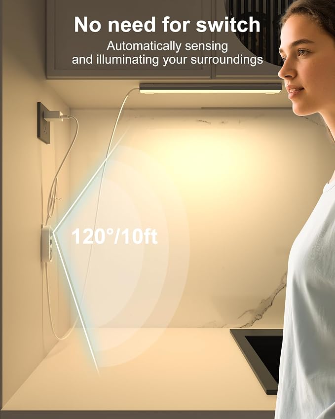 ASOKO Motion Sensor Dimmable Led Under Cabinet Light 12" Plug in Warm White | ASOKO Motion Sensor Dimmable Led Under Cabinet Lighting, 12" Plug in Warm White Light Bar for Kitchen Counter Closet Shelf