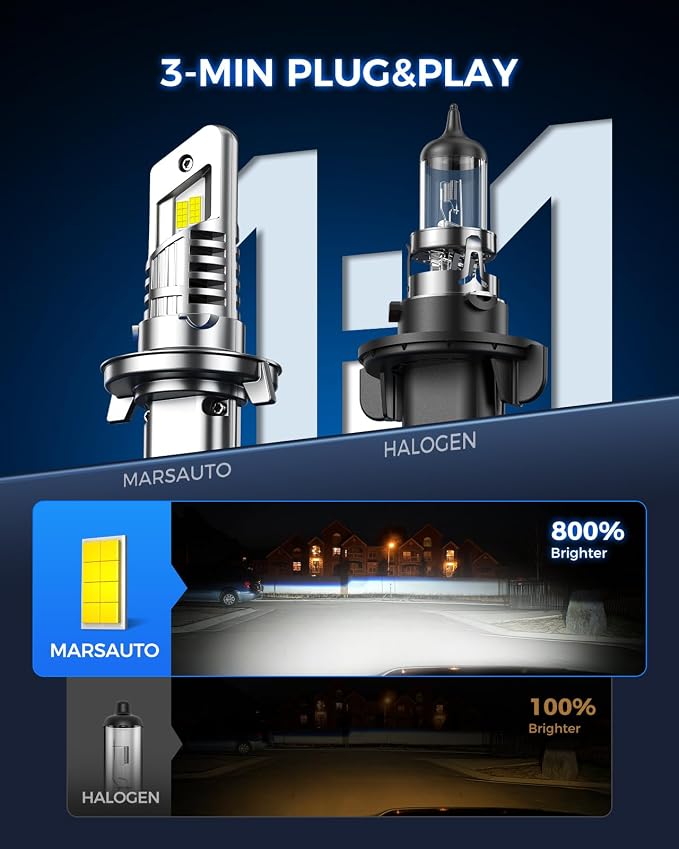 Marsauto H13/9008 H10/9145 LED Bulbs Combo, 60000LM 6500K Cool White, 1:1 OEM Mini Size Plug and Play for Ford F150 2004-2014, F250 F350 2005-2020, Dodge Dakota, IP68 Waterproof, Pack of 4
